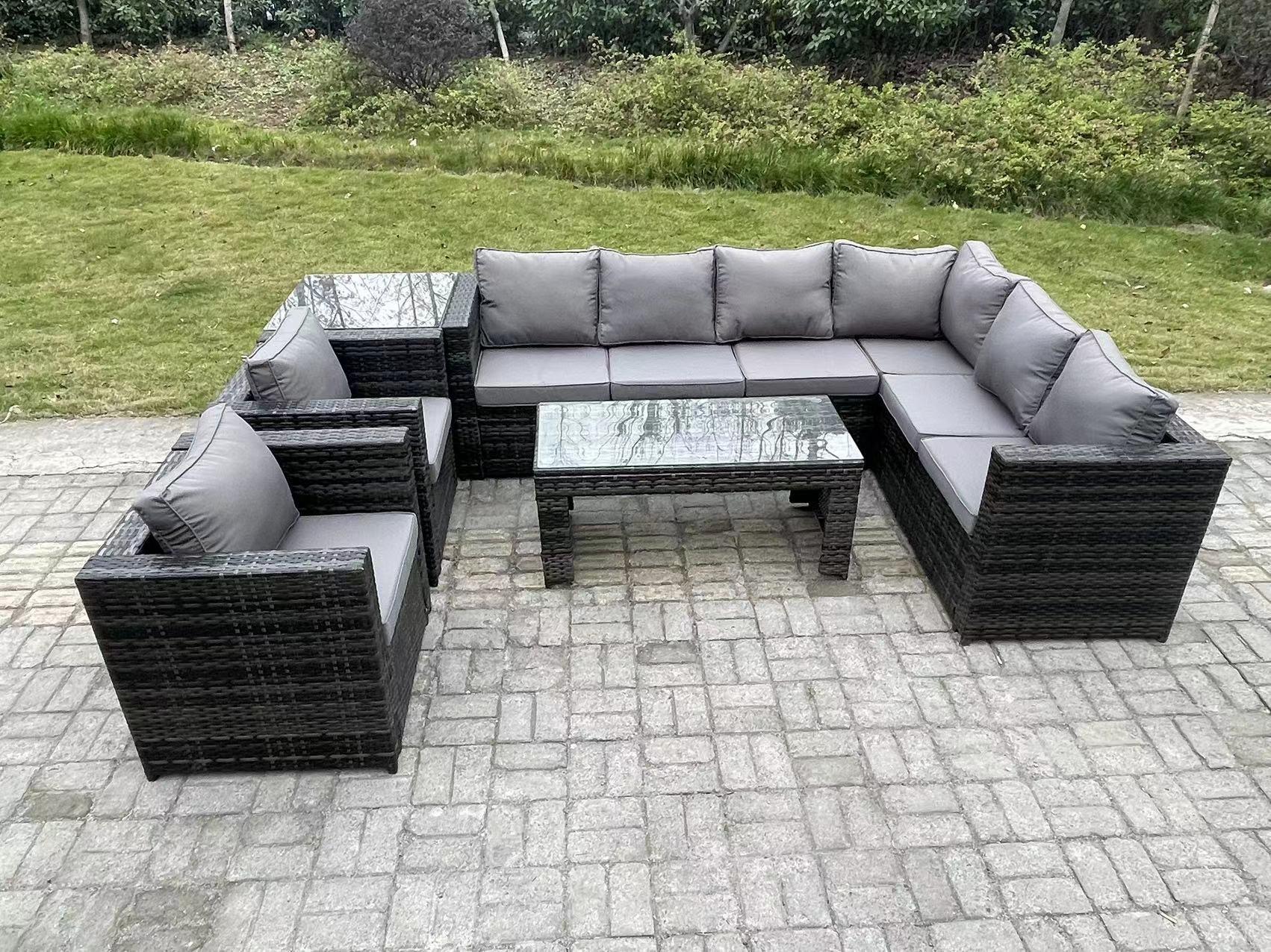 8 Seater Rattan Corner Sofa Lounge Sofa Set With Rectangular Coffee Table Side Table Right Hand